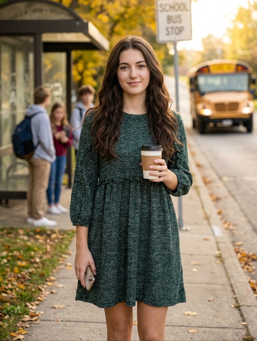 RO & De Stella Sweater Mini Dress. Green Heathered Ruffled Waist Sleeves. Size S
